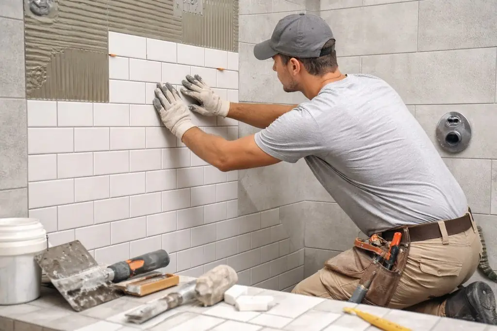 Professional tiler installing white subway tiles on a bathroom wall with adhesive and spacers by Dakom Tiling Auckland
